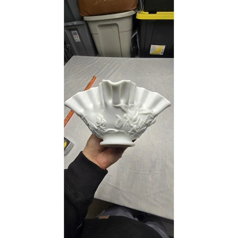 Vintage Milk Glass With Roses And Ruffle Rim - Picture 3 of 11